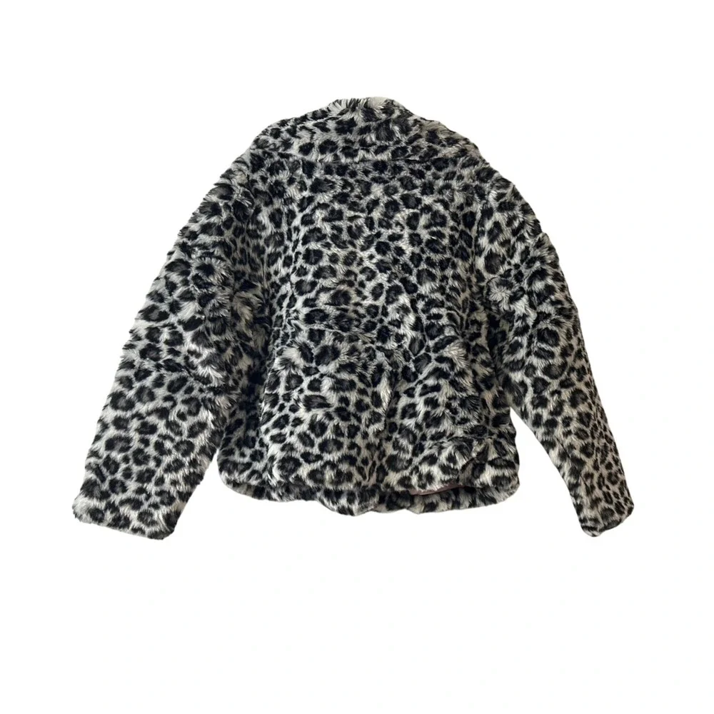 Girls Gymboree Faux Fur Leopard Print Coat With Rhinestone Button Size 5-6 Black